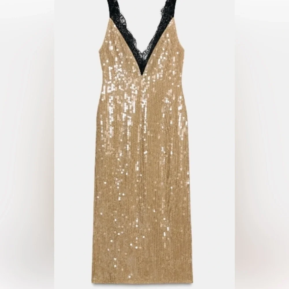 Zara Sequin Gold and Black Lace Dress NWT - Picture 2 of 9